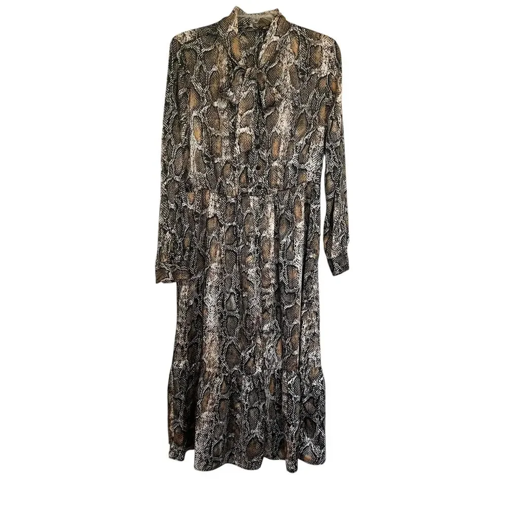 Zara Brown Snakeskin Animal Print Long Sleeve Button Front Tie Neck Midi Dress L